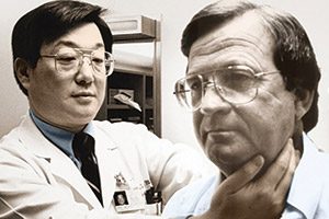 Dr. Waun Ki Hong examines a patient in 1990. Dr. Hong was studying the effectiveness of chemoprevention in the treatment of head and neck cancer patients. Photo courtesy of MD Anderson Cancer Center 
