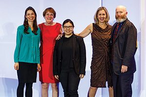 Dr. Vivian Chua, center, is awarded the 2017 Ocular Melanoma Foundation–AACR Fellowship at the AACR Annual Meeting 2017 in April. Joining her are, from left, Holly Abbe, Director of the Ocular Melanoma Foundation, AACR Past President Dr. Nancy Davidson, and Maura and David Kammerman. 