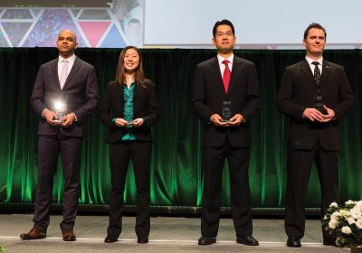 The 2016 NextGen grant recipients being recognized at the opening ceremony of the AACR Annual Meeting 2016 in New Orleans. Pictured left to right: Nikhil Wagle, MD; Sophia Y. Lunt, PhD; Andrew C. Hsieh, MD; Paul A. Northcott, PhD.