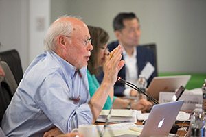 Dr. Phillip A. Sharp makes a point during a meeting to help determine SU2C grant selections to fund pancreatic cancer research. Dr. Sharp chaired the review panel for the selection meeting, which was held in August at AACR headquarters in Philadelphia. Photo © AACR/Vera LaMarche 2018