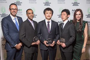 Debbie’s Dream Foundation grant recipients gather at the 2019 AACR Annual Meeting Grants Dinner on April 2, 2019. From left, Michael Ehren, Esq., president, Debbie’s Dream Foundation; Ankur Nagaraja, MD, PhD, Dana-Farber Cancer Institute; Youn-Sang Jung, PhD, University of Texas MD Anderson Cancer Center; Katsumi Yamaguchi, PhD, Johns Hopkins University School of Medicine; Andrea P. Eidelman, Esq., executive director, Debbie’s Dream Foundation.