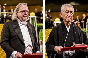James P. Allison, PhD, and Tasuku Honjo, MD, PhD, are shown after receiving the Nobel Prize from King Carl XVI Gustaf of Sweden at the Stockholm Concert Hall on Dec. 10, 2018. Copyright © Nobel Media AB 2018. Photos: Alexander Mahmoud.
