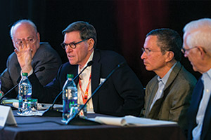 Dr. Hait speaks at the the Stand Up To Cancer Scientific Summit 2015 held in Santa Monica, California. Accompanying Dr. Hait from left to right, Dr. Phillip A. Sharp, Dr. Jeffrey E. Settleman, and Dr. John Mendelsohn. Photos by © AACR/Todd Buchanan