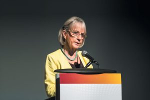 Dr. Anna D. Barker speaks at the Arizona Wellbeing Commons conference held in Tempe in 2017. The Commons brings together scientists, clinicians, and other partners to tackle health issues in Arizona. Photo by Charlie Leight/ASU Now
