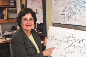 Dr. Susan B. Horwitz stands with a diagram illustrating the molecular structure of Taxol. PNAS July 5, 2006 103 (27) 10163-10165. ©2006 National Academy of Sciences, U.S.A.